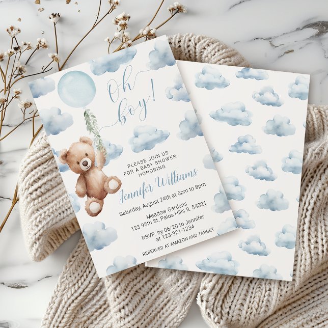 Teddy Bear Blue Balloon Oh Boy Baby Shower Invitation (Creator Uploaded)