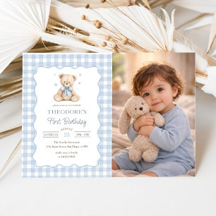 Teddy Bear Blue Balloon Photo Birthday Invitation