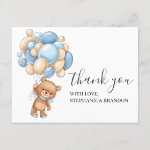 Teddy Bear BLUE Balloon Thank You Card