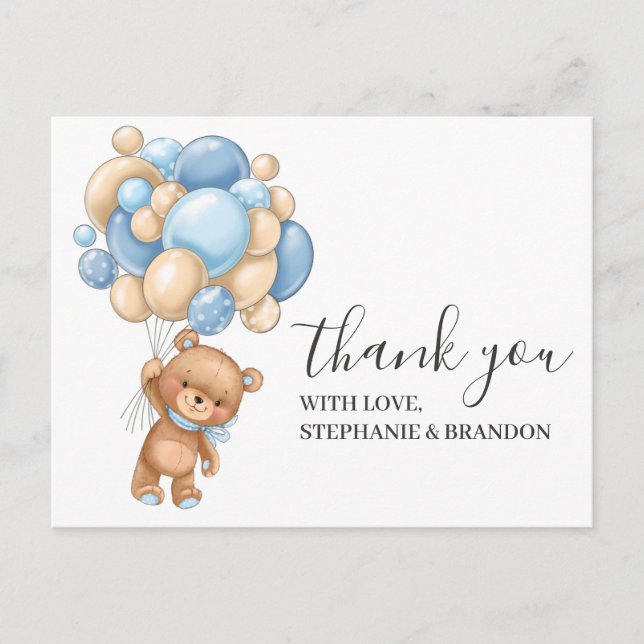 Teddy Bear BLUE Balloon Thank You  Card (Front)
