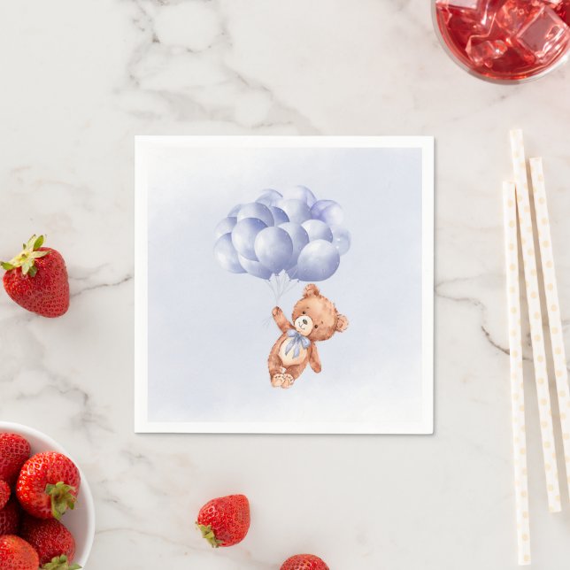 Teddy Bear Blue Balloon Watercolor Boy Baby Shower Napkin (Insitu)