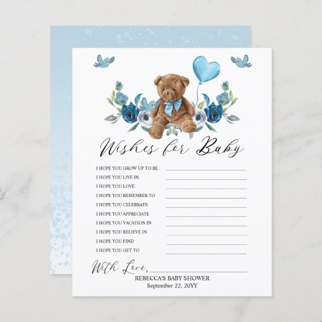 Teddy Bear Blue Balloon Wishes for Baby Game  (Front/Back)