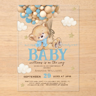 Teddy Bear Blue Balloons Baby Shower	 Acrylic Invitations