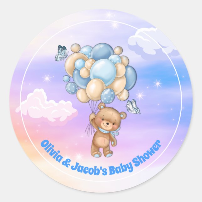 Teddy Bear Blue Balloons Baby Shower Classic Round Sticker (Front)