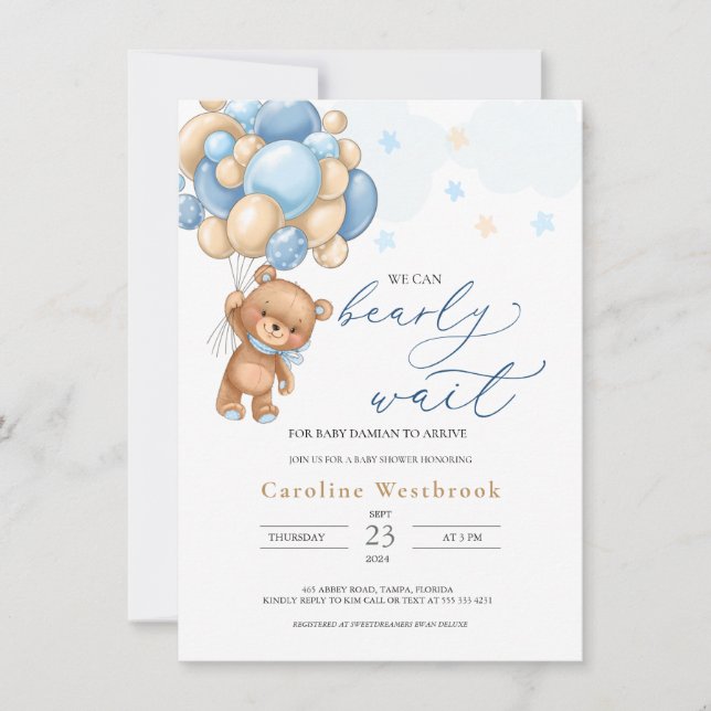 Teddy Bear Blue Balloons Baby Shower Invitation (Front)