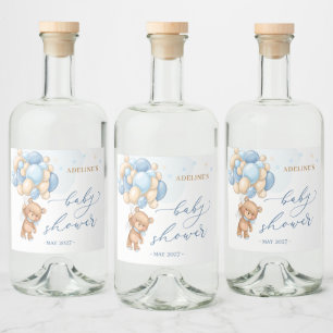Teddy Bear Blue Balloons Baby Shower Liquor Bottle Label