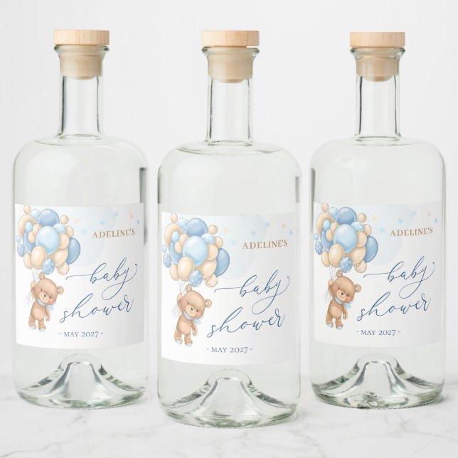 Teddy Bear Blue Balloons  Baby Shower Liquor Bottle Label (Bottles)