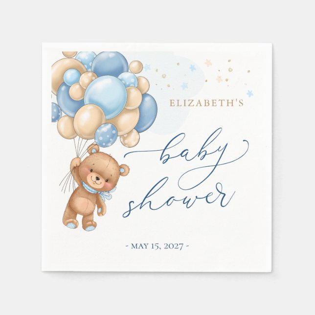 Teddy Bear Blue Balloons Baby Shower Napkins (Front)
