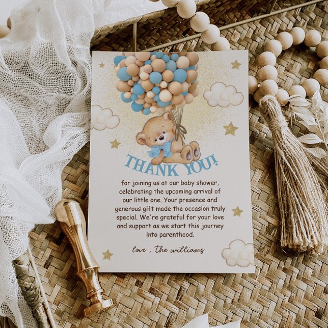 Teddy Bear Blue Balloons Baby Shower Thank You Card (Creator Uploaded)