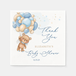 Teddy Bear Blue Balloons Baby Shower Thank You Napkin