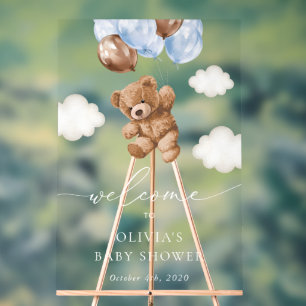 Teddy Bear, Blue Balloons, Baby Shower Welcome Acrylic Sign