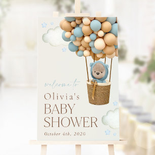 Teddy Bear, Blue Balloons, Baby Shower Welcome Poster