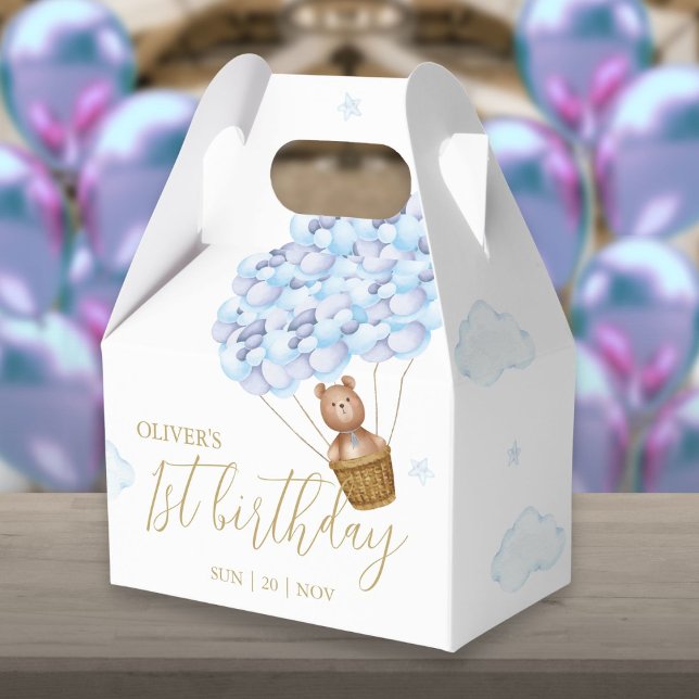 Teddy Bear Blue Balloons Birthday Party Favour Box (Teddy Bear Blue Balloons Birthday Party Favor Box)