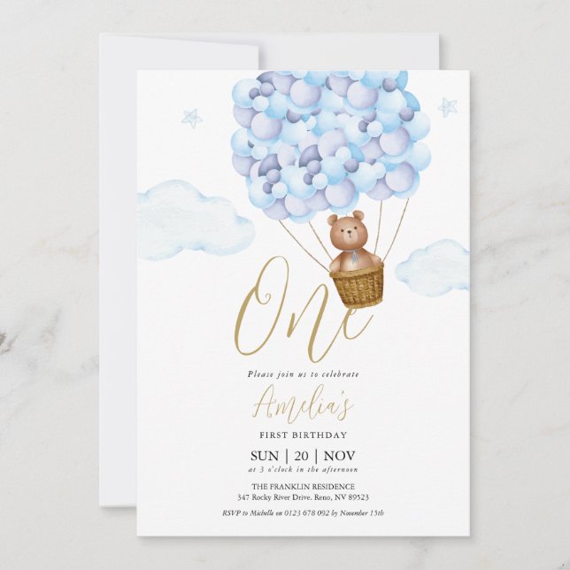 Teddy Bear Blue Balloons Birthday Party Invitation (Front)