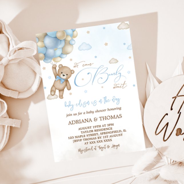 Teddy Bear Blue Balloons Boy Baby Shower Invitation (Creator Uploaded)