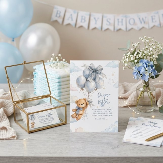 Teddy Bear Blue Balloons Clouds Baby Boy Enclosure Card (Creator Uploaded)