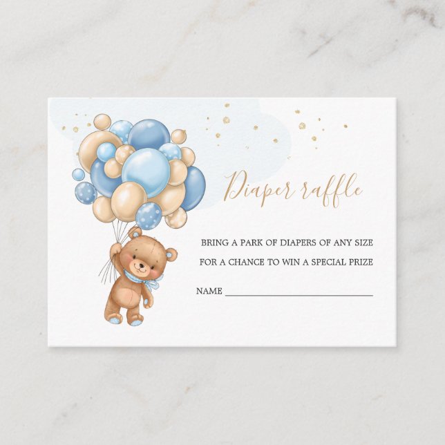 Teddy Bear Blue Balloons Diaper Raffle  Enclosure Card (Front)