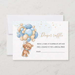 Teddy Bear Blue Balloons Diaper Raffle  Invitation
