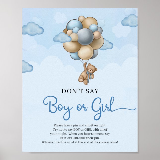 Teddy bear blue balloons Don’t Say BOY or GIRL Poster (Front)
