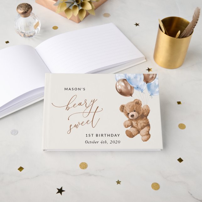 Teddy Bear, Blue Balloons, First Birthday Guest Book (Front Open)
