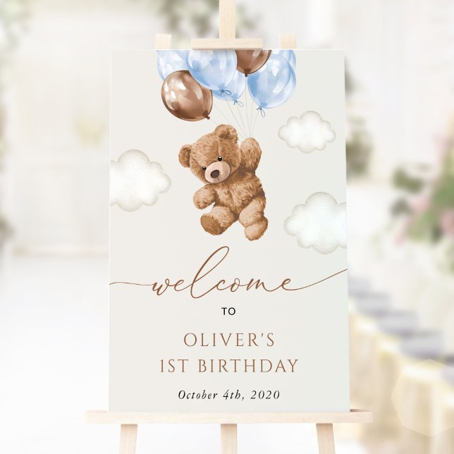 Teddy Bear, Blue Balloons, First Birthday Welcome Poster (Creator Uploaded)