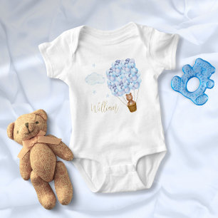 Teddy Bear Blue Balloons Gold Script Baby Bodysuit