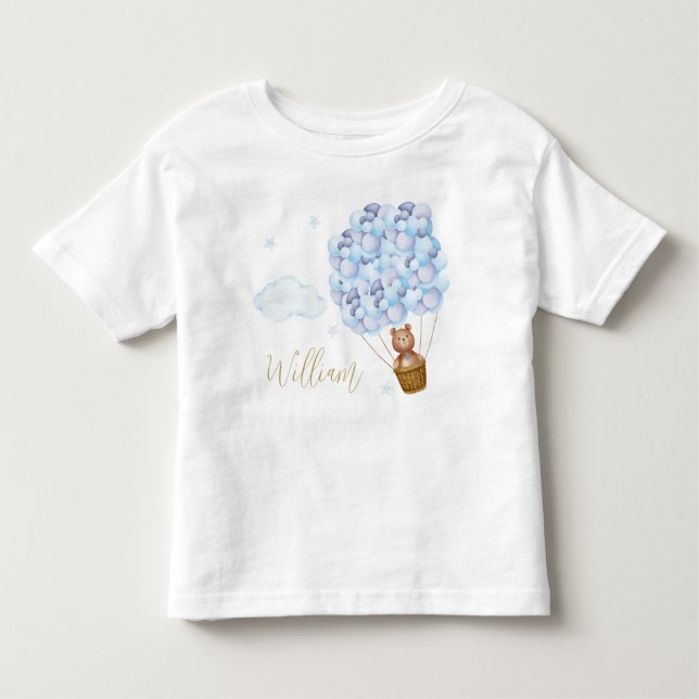 Teddy Bear Blue Balloons Gold Script Toddler T-Shirt (Front)