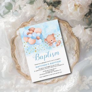Teddy Bear Blue Balloons Gold Stars Baptism Invitation