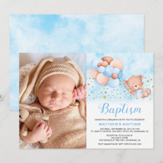 Teddy Bear Blue Balloons Gold Stars Photo Baptism Invitation