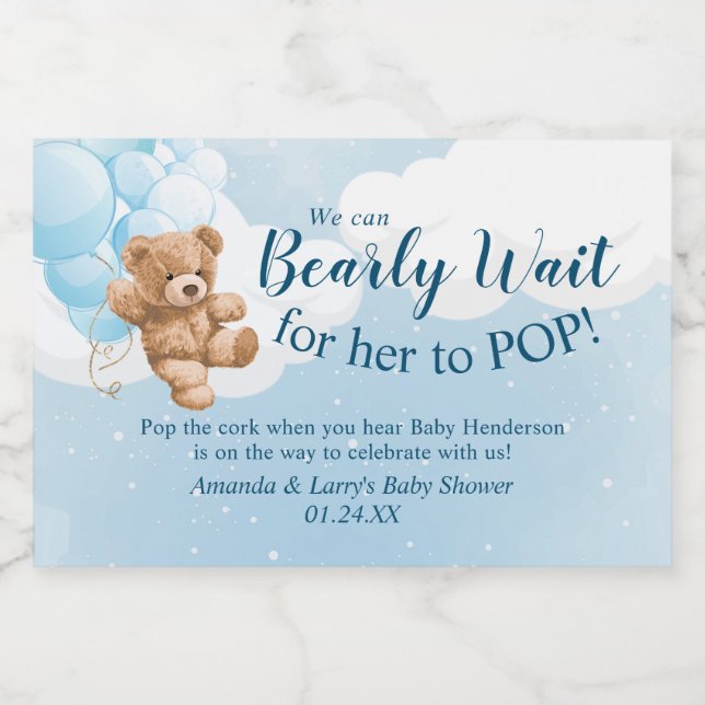 Teddy Bear Blue Balloons Mini Sparkling Wine Label (Single Label)