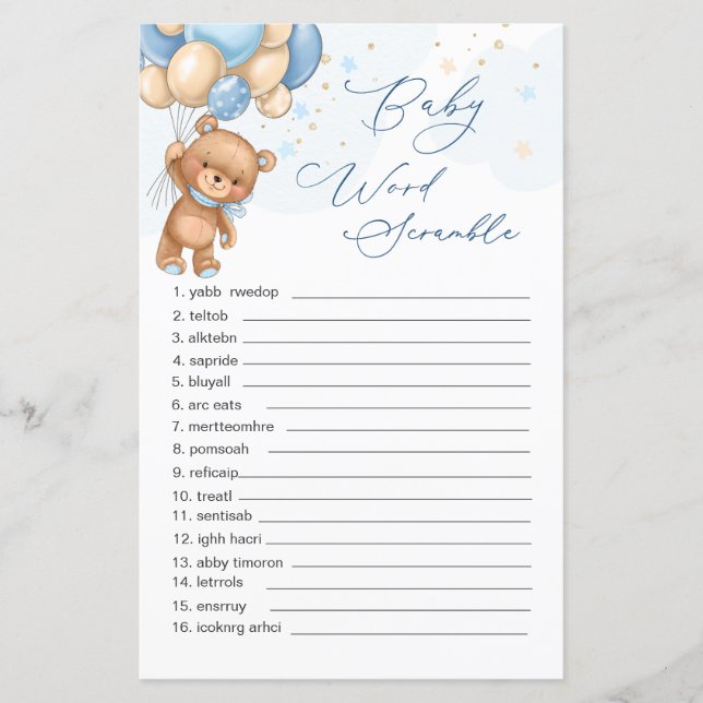 Teddy Bear Blue Balloons Word Scramble Game (Front)