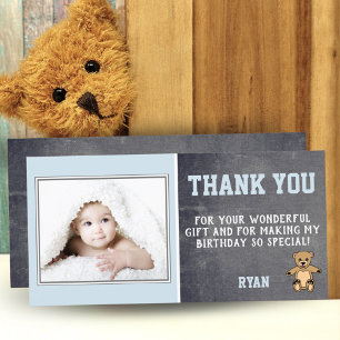 Teddy Bear Blue Birthday Thank you Photo Card Kids
