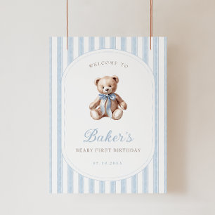 Teddy Bear Blue Birthday Welcome Sign