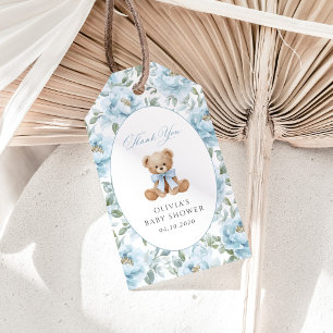 Teddy Bear, Blue Bow, Blue Flowers, Baby Shower Gift Tags