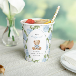 Teddy Bear, Blue Bow, Blue Flowers, Baby Shower Paper Cups
