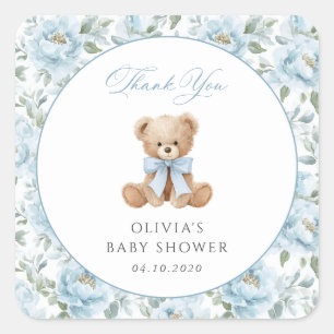Teddy Bear, Blue Bow, Blue Flowers, Baby Shower Square Sticker
