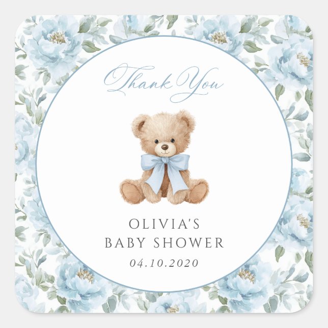 Teddy Bear, Blue Bow, Blue Flowers, Baby Shower Square Sticker (Front)