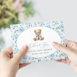 Teddy Bear, Blue Bow, Blue Flowers, Baby Shower Thank You Card