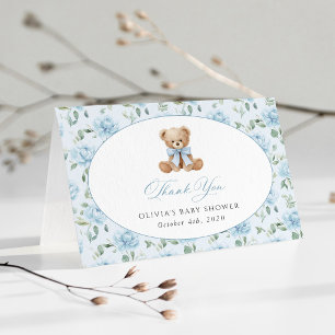 Teddy Bear, Blue Bow, Blue Flowers, Baby Shower Thank You Card