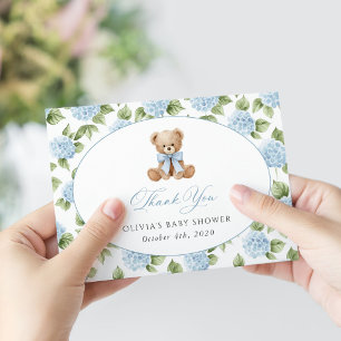 Teddy Bear, Blue Bow, Blue Flowers, Baby Shower Thank You Card