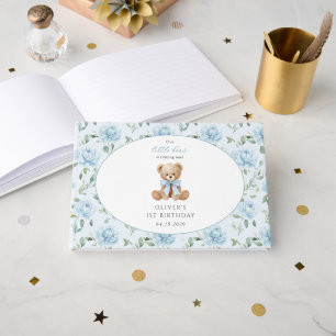 Teddy Bear, Blue Bow, Blue Flowers, First Birthday Guest Book