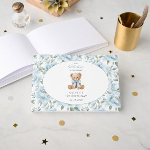 Teddy Bear, Blue Bow, Blue Flowers, First Birthday Guest Book