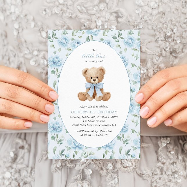 Teddy Bear, Blue Bow, Blue Flowers, First Birthday Invitation (Creator Uploaded)