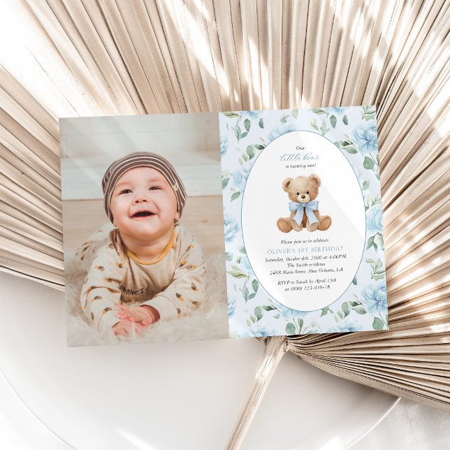 Teddy Bear, Blue Bow, Blue Flowers, First Birthday Invitation (Creator Uploaded)