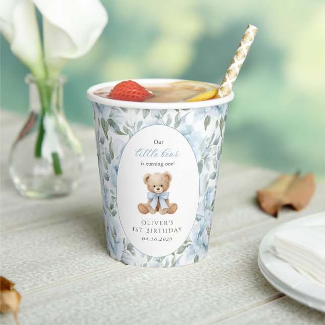 Teddy Bear, Blue Bow, Blue Flowers, First Birthday Paper Cups (Insitu)