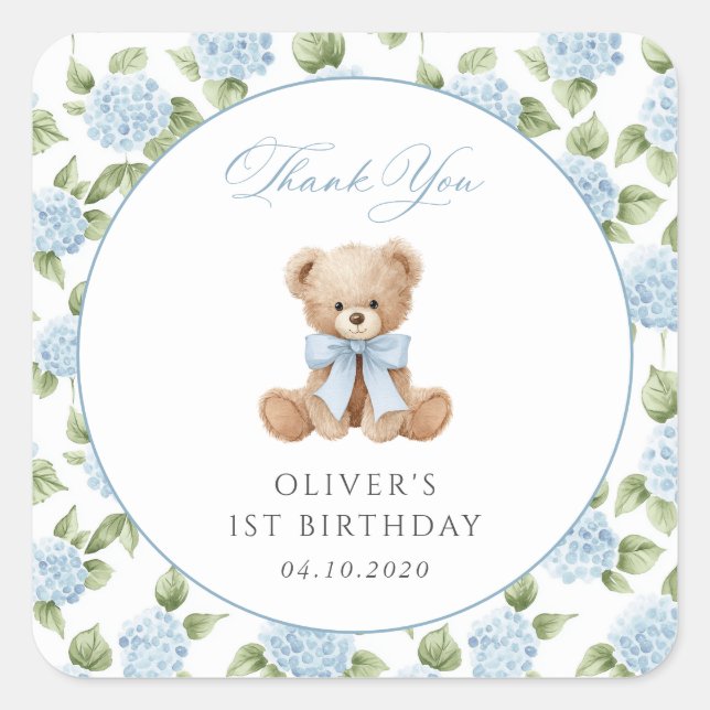Teddy Bear, Blue Bow, Blue Flowers, First Birthday Square Sticker (Front)