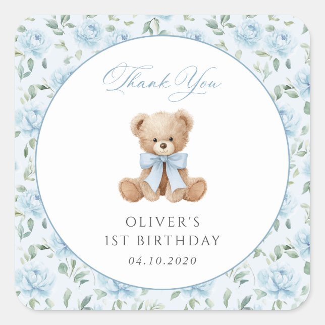 Teddy Bear, Blue Bow, Blue Flowers, First Birthday Square Sticker (Front)