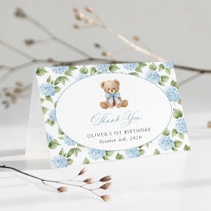 Teddy Bear, Blue Bow, Blue Flowers, First Birthday Thank You Card