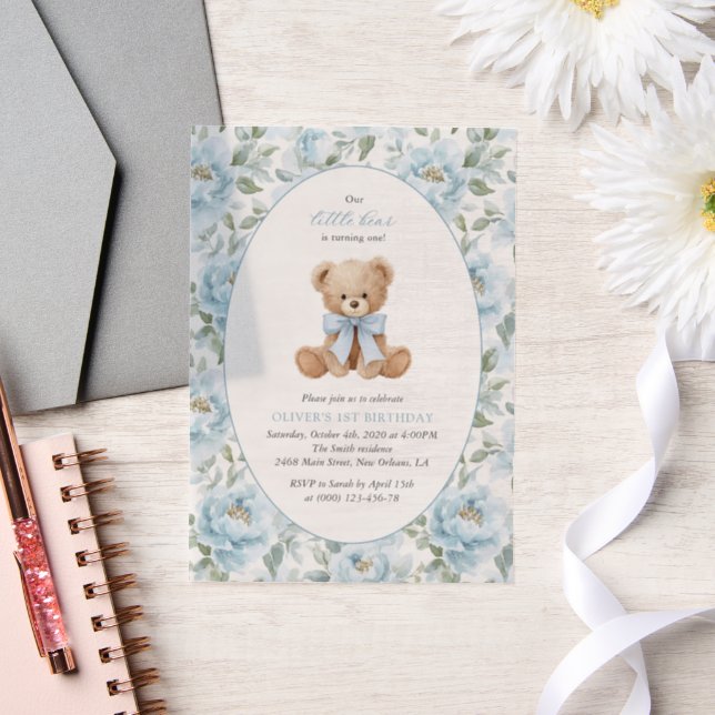 Teddy Bear, Blue Bow, Blue Flowers, First Birthday Vellum Invitations (Wedding)