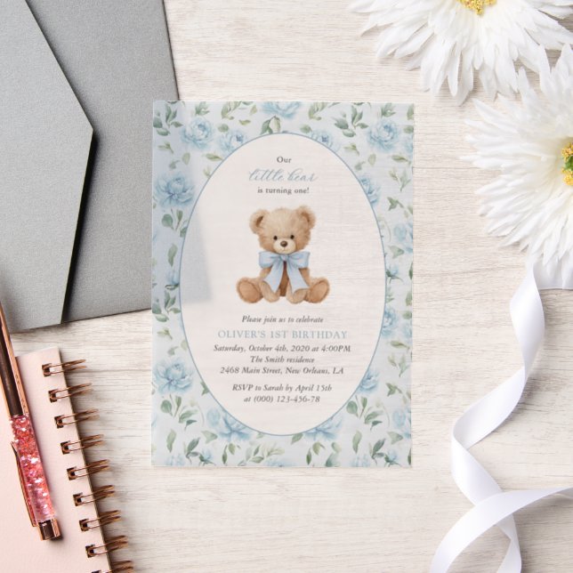 Teddy Bear, Blue Bow, Blue Flowers, First Birthday Vellum Invitations (Wedding)